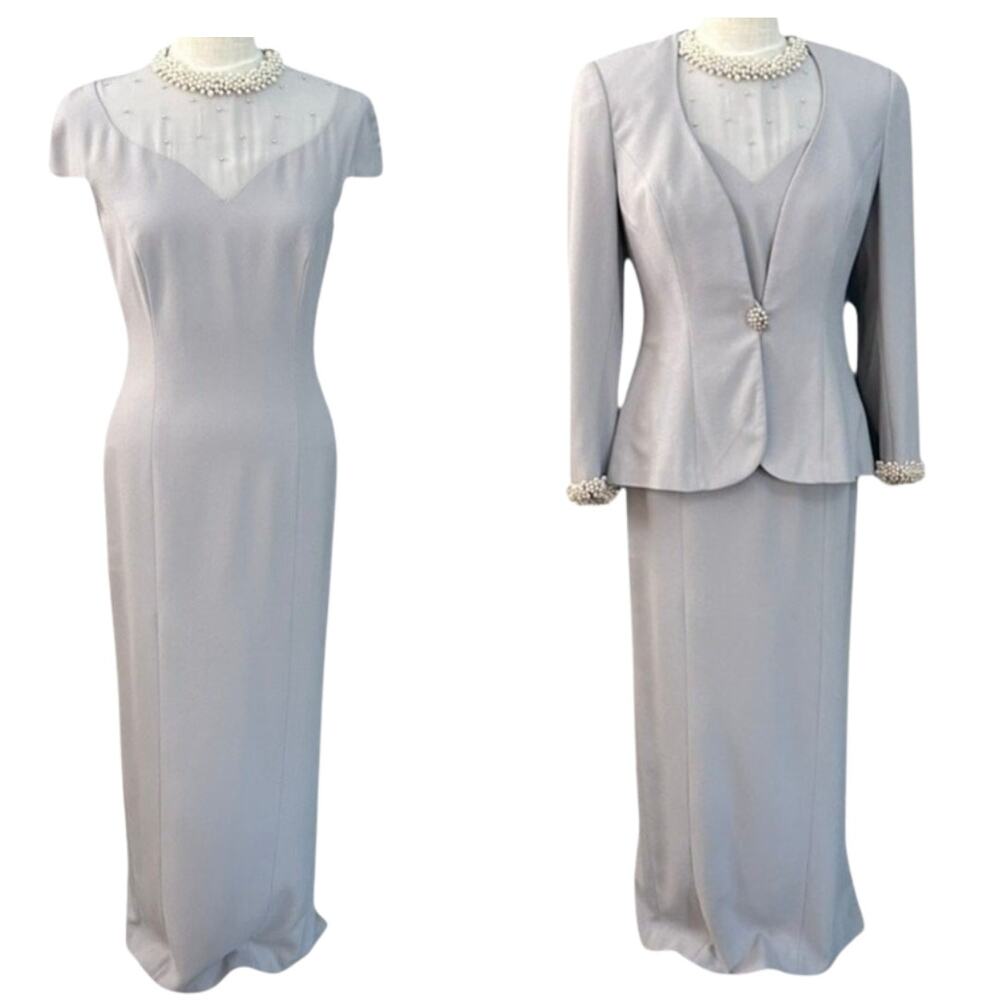 Vintage Junnie Leigh NY Pearl Embellished Gown Jacket Set Gray Size 6 Glamour